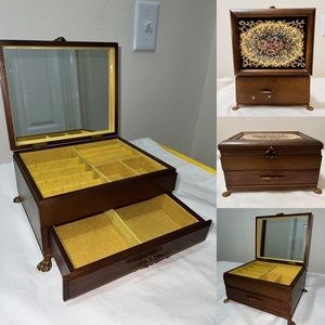 Antique Wood Victorian Tapestry Floral Design Music Jewelry Box